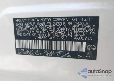 2012 Lexus Is 250 z USA, uszkodzony, nr VIN JTHBF5C24C5166951